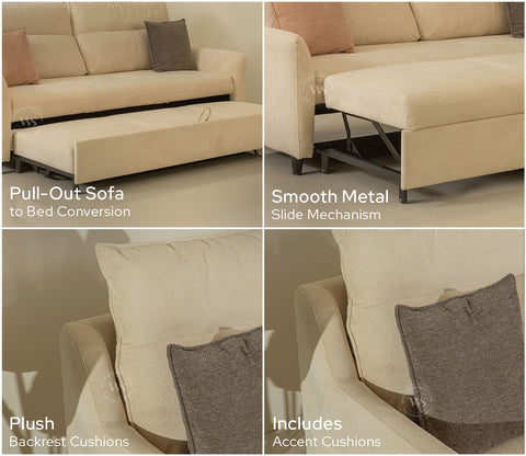 Tevo 3-Seater Sofa Cum Bed | Pull-Out Bed Mechanism | Fabric Upholstery (Off White)