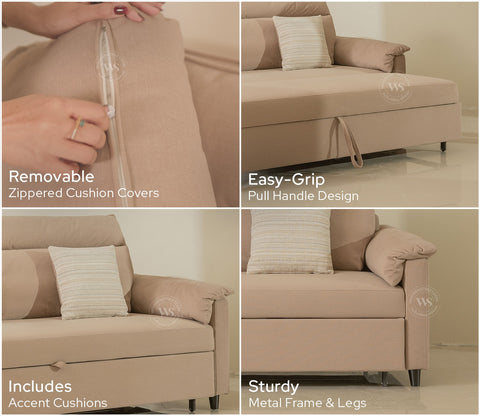 Bruna 3-Seater Convertible Sofa Cum Bed | Pull-Out Mechanism | Adjustable Backrest | Premium Fabric Upholstery | Space-Saving Design (Beige)
