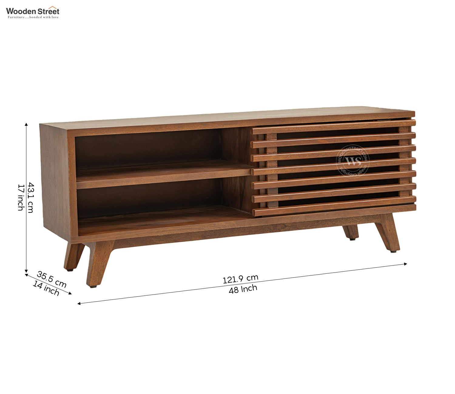 Axcel Mango Wood TV Unit with Pull-Down Drawer & Open Shelves (Teak Finish)