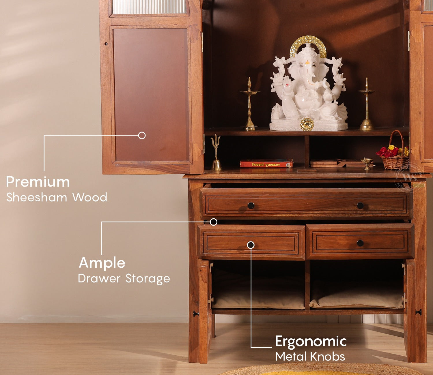 Anant Sheesham Wood Home Temple with Cane & Fluted Glass Doors and Spacious Drawers (Teak Finish)