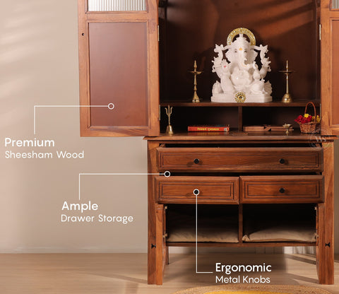 Anant Sheesham Wood Home Temple with Cane & Fluted Glass Doors and Spacious Drawers (Teak Finish)
