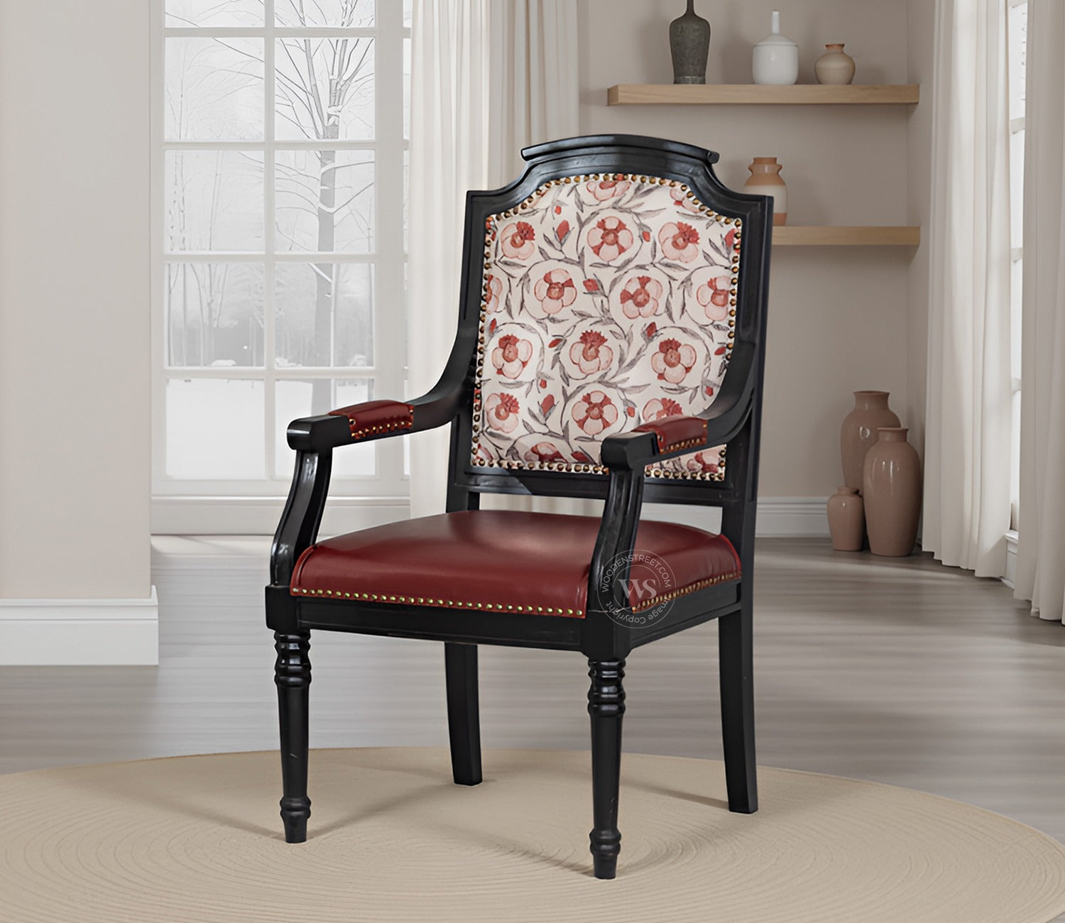 Heritage Dual Upholstery Sheesham Wood Arm Chair with Brass Detailing (Red)