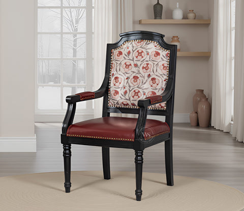 Heritage Dual Upholstery Sheesham Wood Arm Chair with Brass Detailing (Red)