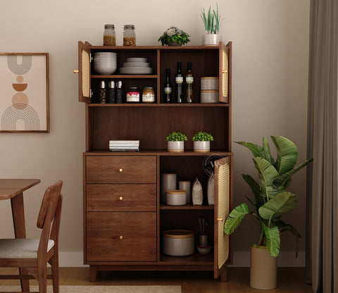 Divit Mango Wood Kitchen Cabinet with Cane Detailing & Brass Knobs (Teak Finish)