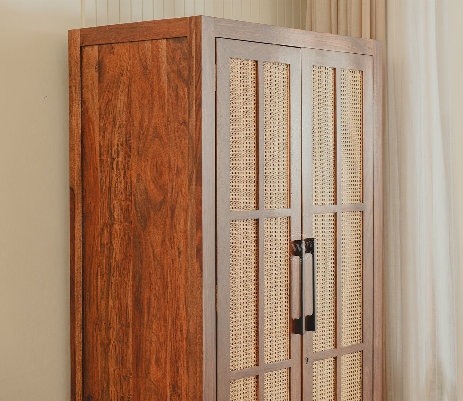 Saanvi Sheesham Wood Wardrobe with Elegant Cane Detailing (Teak Finish)