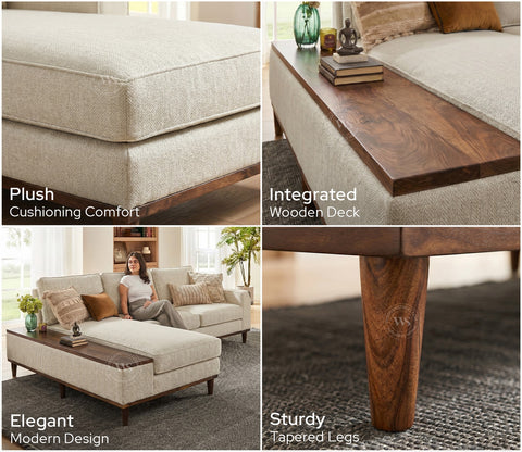 Ashion Premium Left Aligned L Shape Sofa with Built-in Side Wooden Deck (Cottage Ivory)