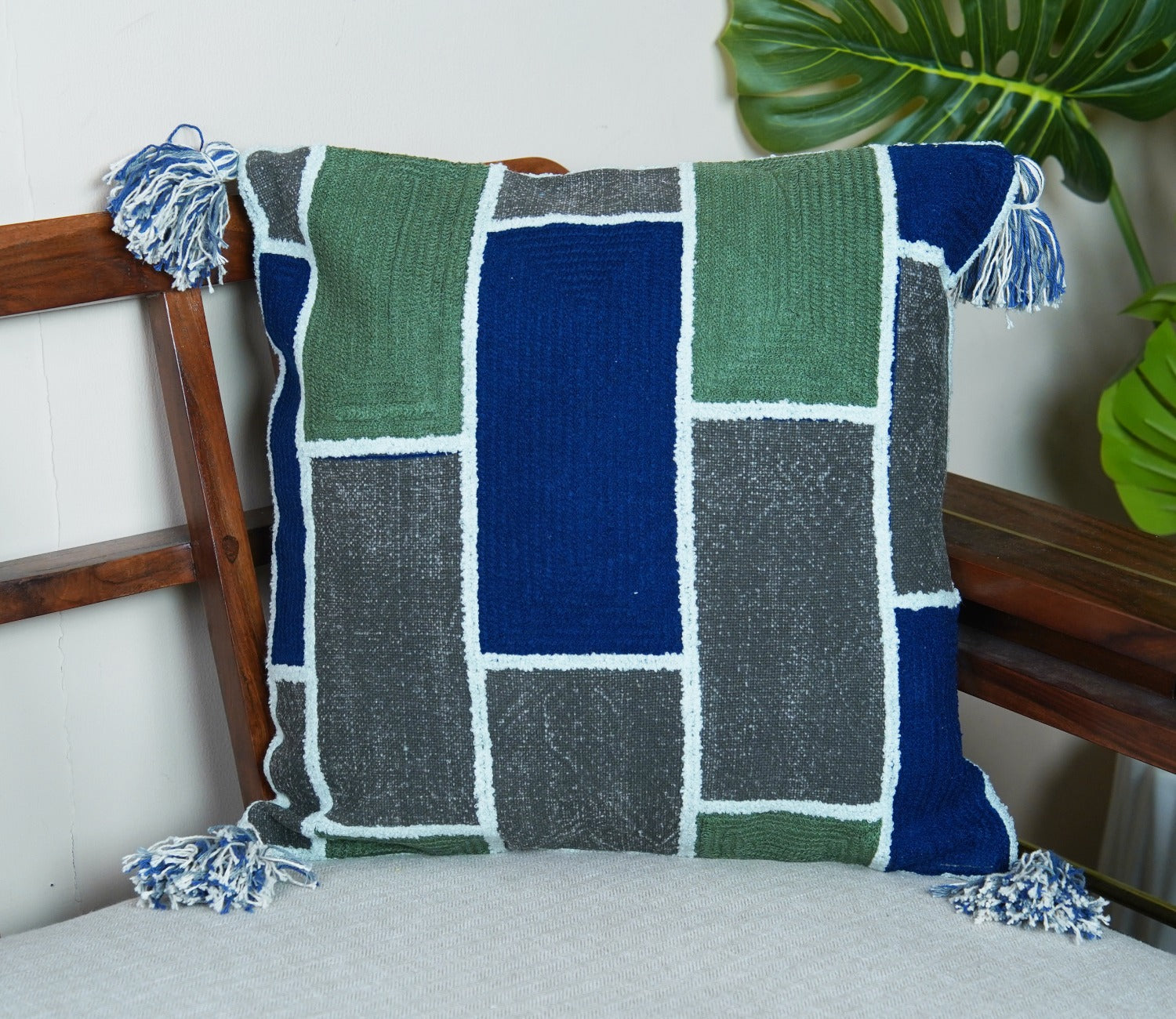 Geometric Tasseled Multi Color Cotton Cushion Cover -18 x 18