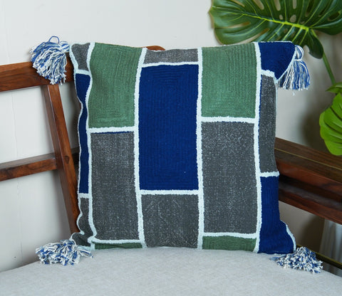 Geometric Tasseled Multi Color Cotton Cushion Cover -18 x 18
