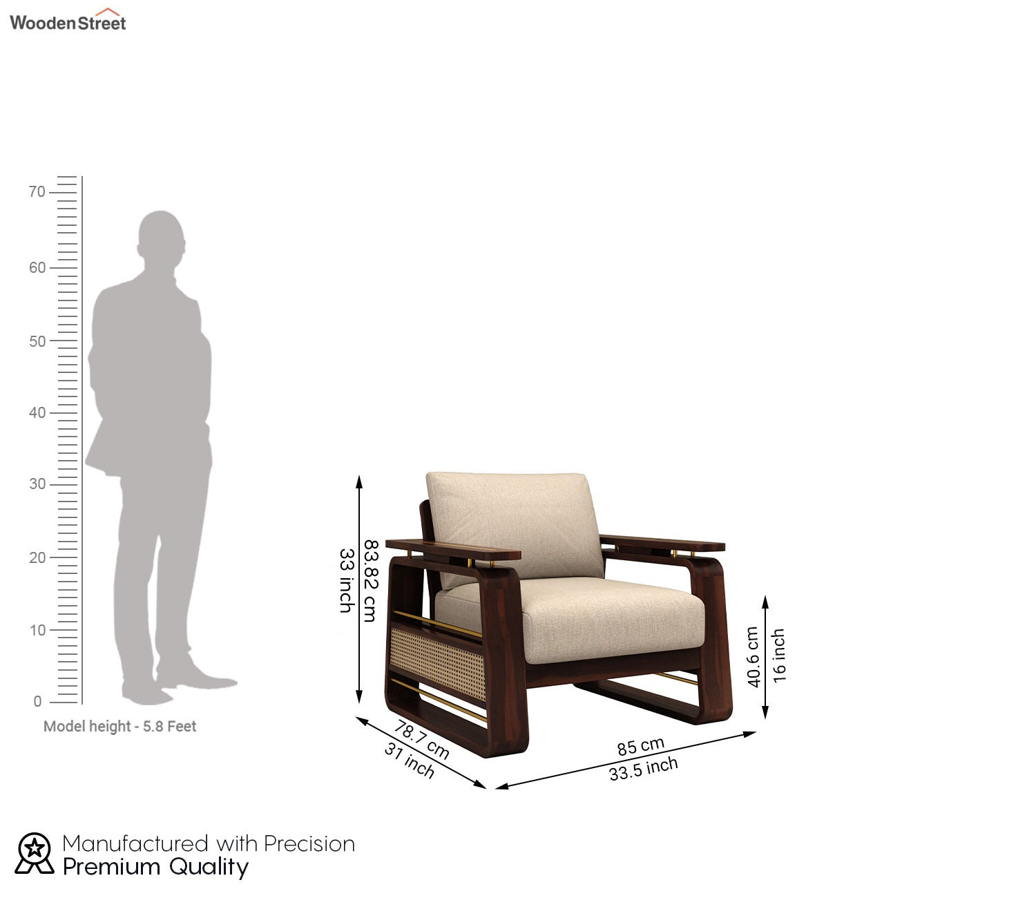 Vedic 3+1+1 Sheesham Wood Sofa Set With Cane and Brass Detailing (Walnut Finish, Jade Ivory)