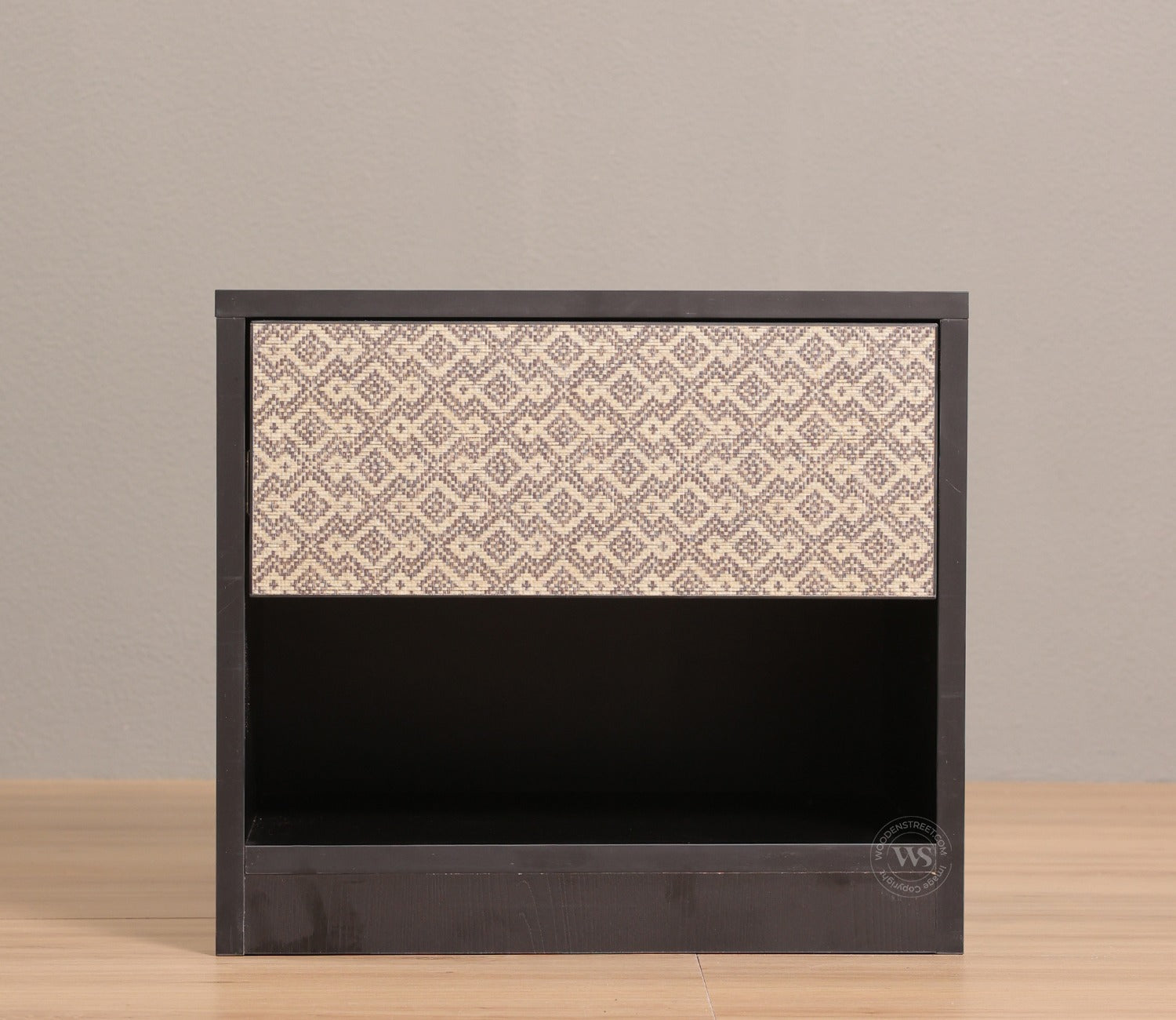 Orren Engineered Wood Bedside Table with Laminated Textured Drawer Front & Open Storage (Trellis Pattern)