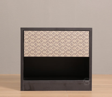 Orren Engineered Wood Bedside Table with Laminated Textured Drawer Front & Open Storage (Trellis Pattern)