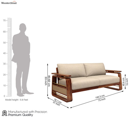 Vedic 3 Seater Sheesham Wood Sofa With Cane and Brass Detailing (Honey Finish, Jade Ivory)
