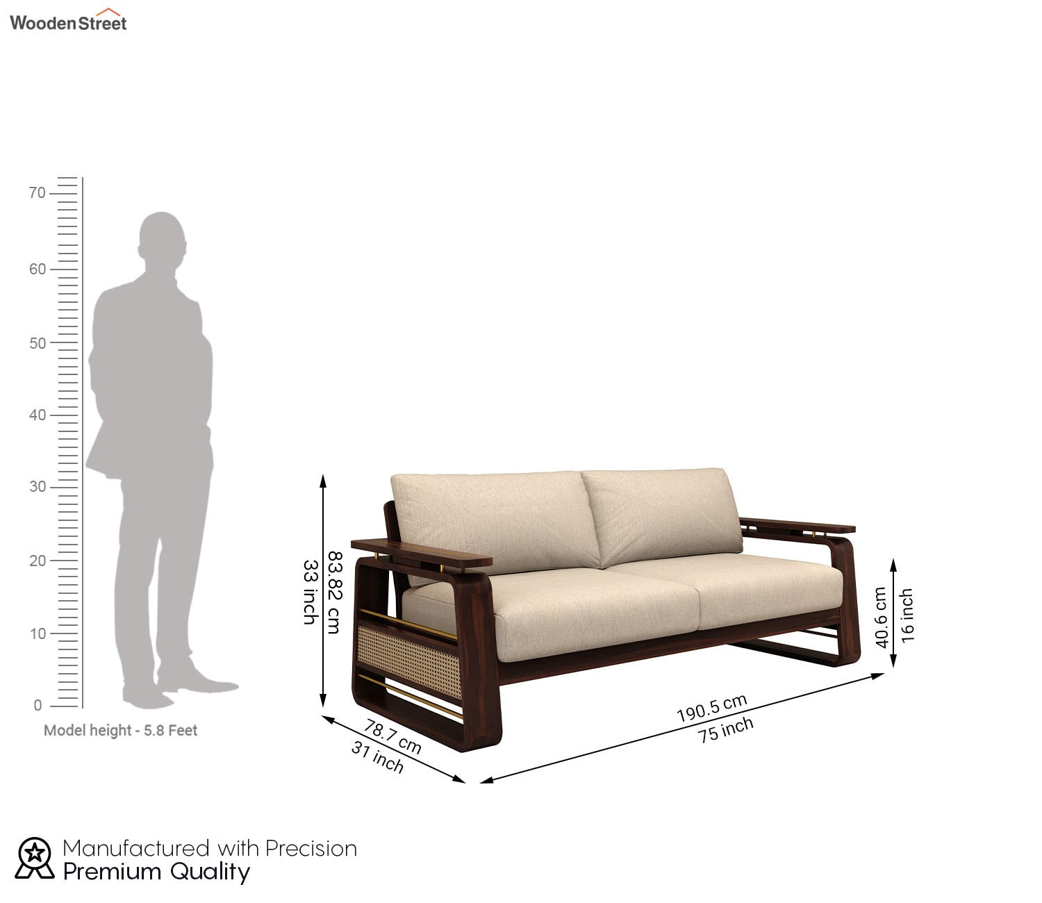 Vedic 3+1+1 Sheesham Wood Sofa Set With Cane and Brass Detailing (Walnut Finish, Jade Ivory)