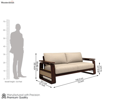 Vedic 3 Seater Sheesham Wood Sofa With Cane and Brass Detailing (Walnut Finish, Jade Ivory)