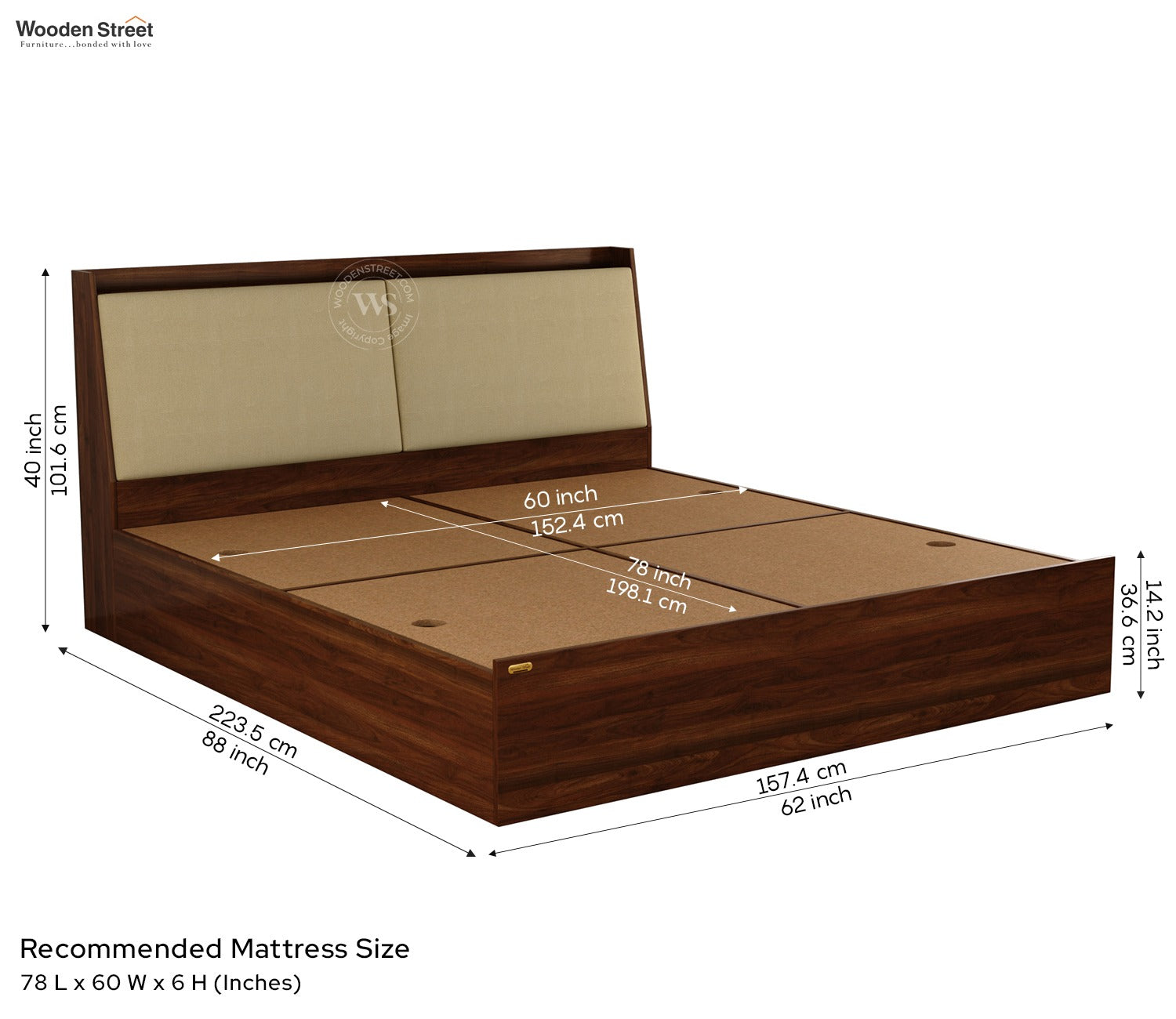 Calmora Engineered Wood Bed with Upholstered Headboard and Spacious Box Storage (Queen Size, Columbian Walnut Finish)