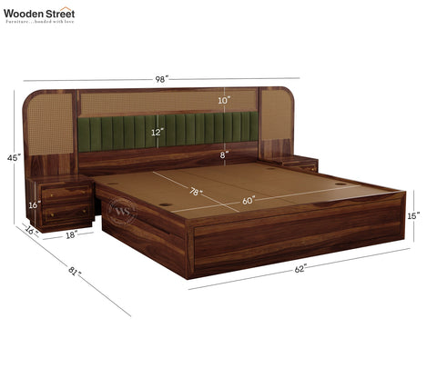 Serah Premium Sheesham Wood Bed with Cane & Velvet Headboard, Drawer Storage & 2 Modular Bedside Tables (Queen Size, Teak Finish)