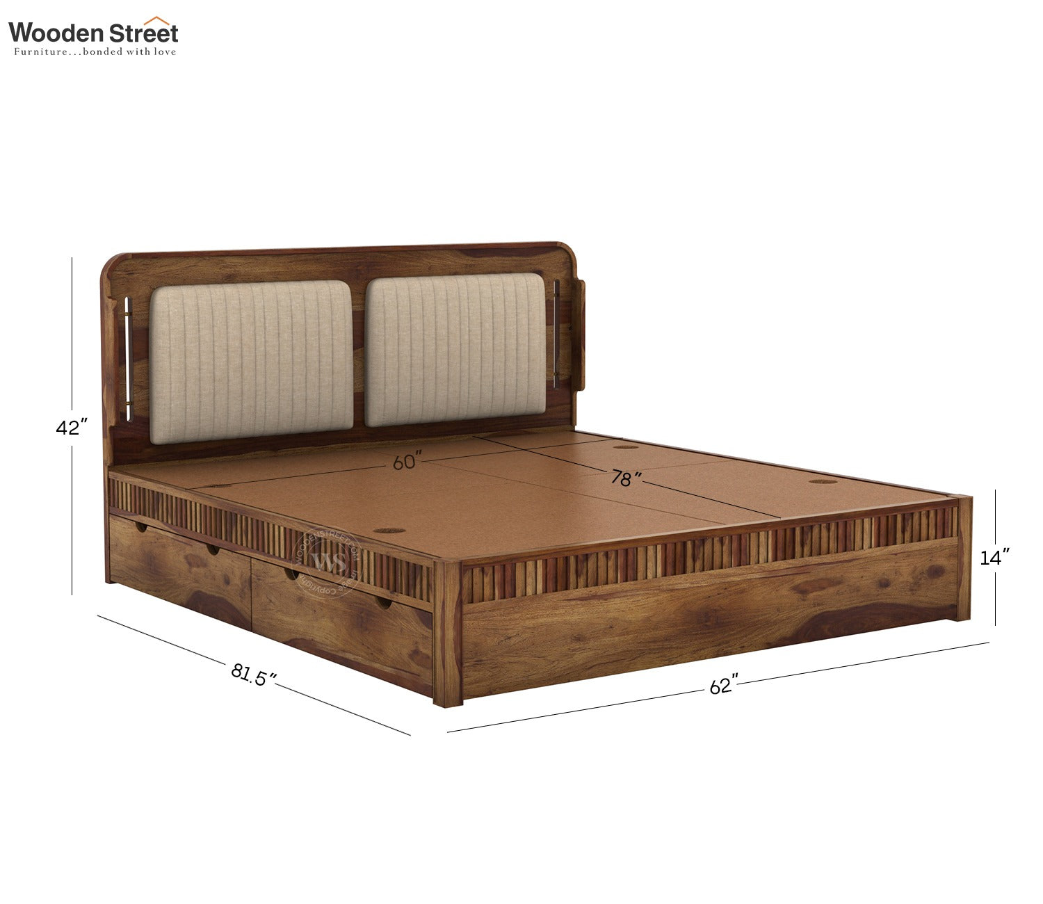 Lotus Premium Sheesham Wood Bed with Drawer Storage (Queen Size, Teak Finish)