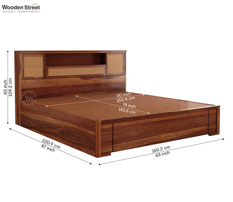 Ferguson Sheesham Wood Bed with Hydraulic Storage and Cane Detailing (Queen Size, Teak Finish)