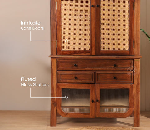 Anant Sheesham Wood Home Temple with Cane & Fluted Glass Doors and Spacious Drawers (Teak Finish)