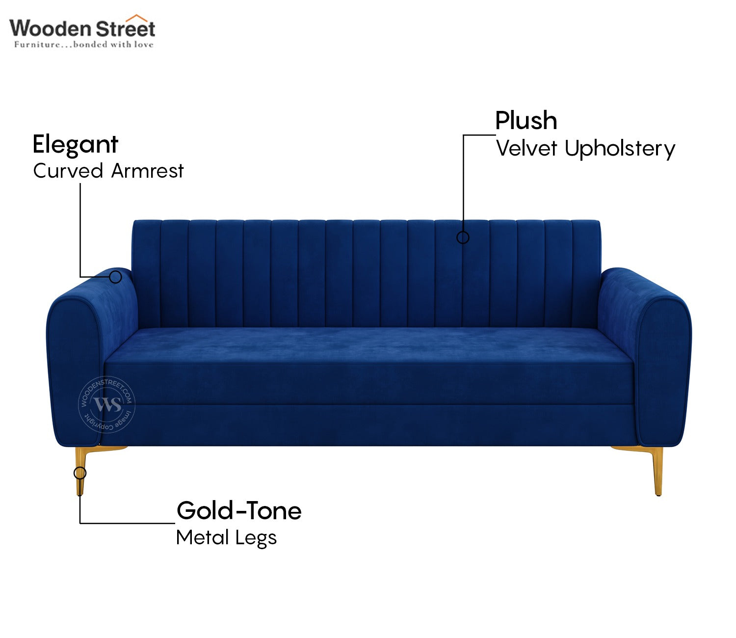 Medusa 3 Seater Fabric Sofa (Velvet, Indigo Blue)