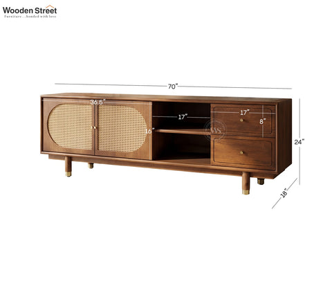 Gyana Premium Solid Wood TV Unit with Cane Panel Cabinet (Mango Wood, Teak Finish)