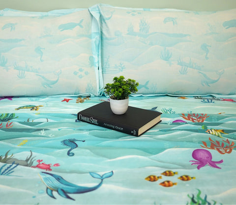 Seashore Flat Cotton Kids Bed Sheet King Size with 2 Pillow Covers