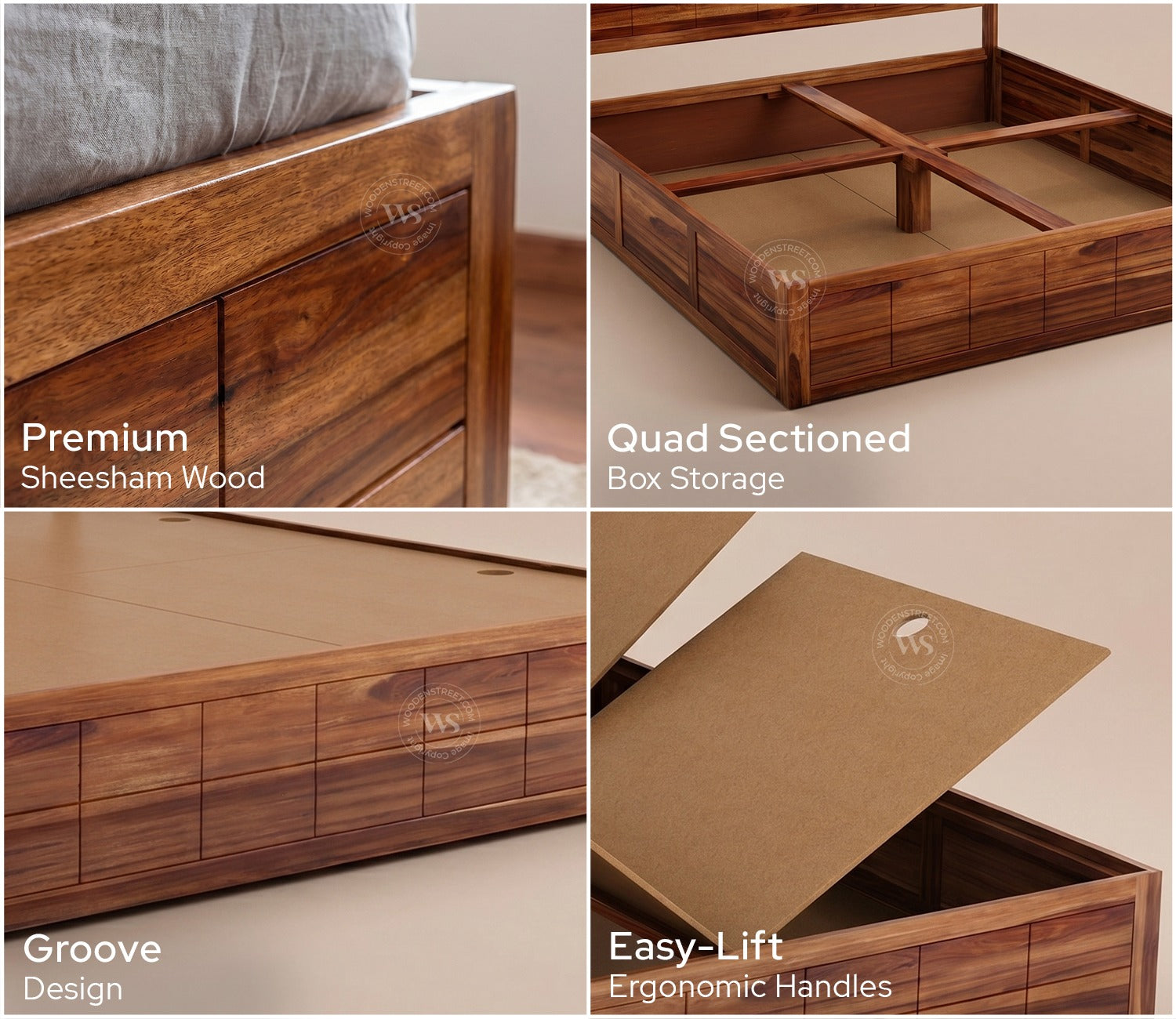 Brixton Sheesham Wood Bed With Box Storage (Queen Size, Honey Finish)