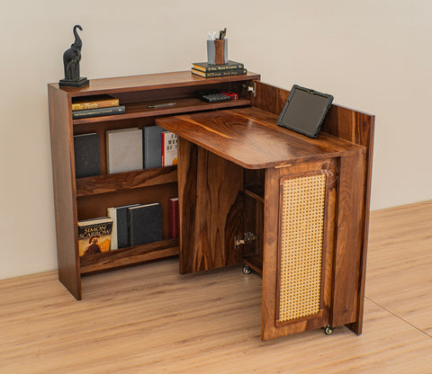 Vitara Premium Solid Wood Convertible Study Table With Hidden Storage, Cane & Brass Accents (Sheesham Wood, Teak Finish)