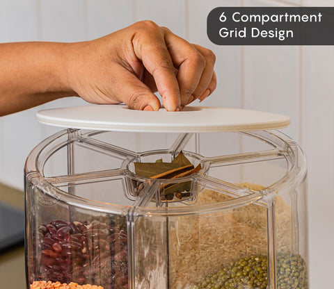 Rotarion 6- Compartment All-In-One Rotating Grain Dispenser (White, Large)