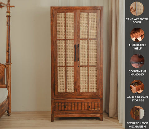 Saanvi Sheesham Wood Wardrobe with Elegant Cane Detailing (Teak Finish)