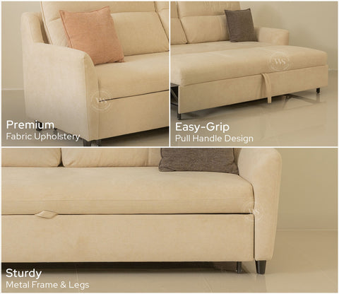 Tevo 3-Seater Sofa Cum Bed | Pull-Out Bed Mechanism | Fabric Upholstery (Off White)