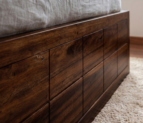 Brixton Sheesham Wood Bed With Box Storage (Queen Size, Walnut Finish)