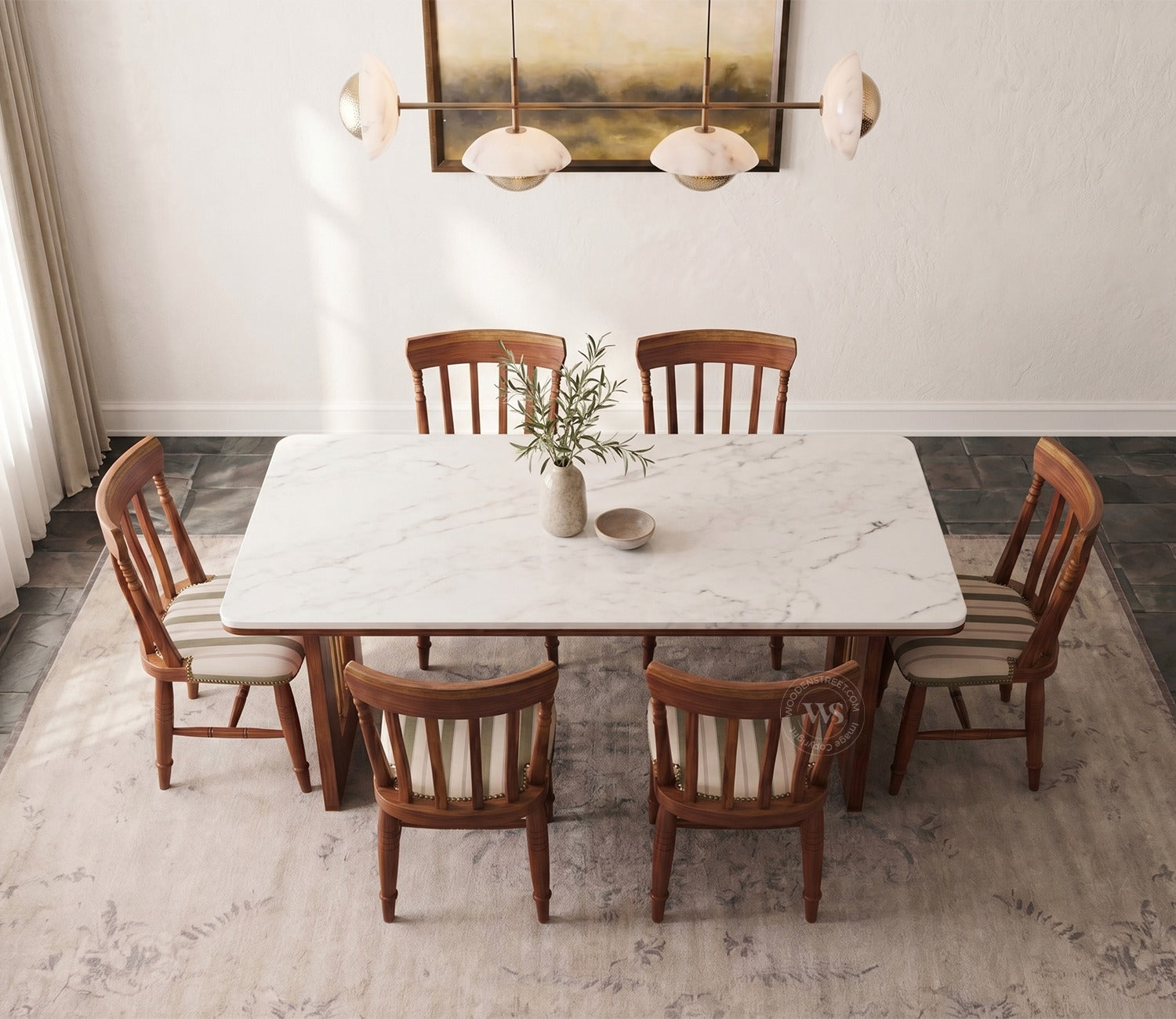 Kanak Designer 6 Seater Sheesham Wood Dining Table Set with Mishaan Quartz Top Table and Misha Chair (Teak Finish)