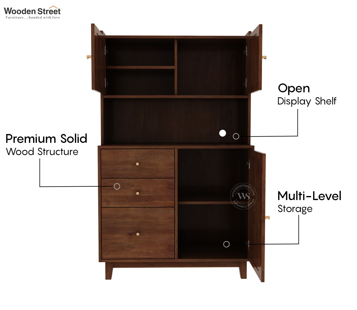 Divit Mango Wood Kitchen Cabinet with Cane Detailing & Brass Knobs (Teak Finish)
