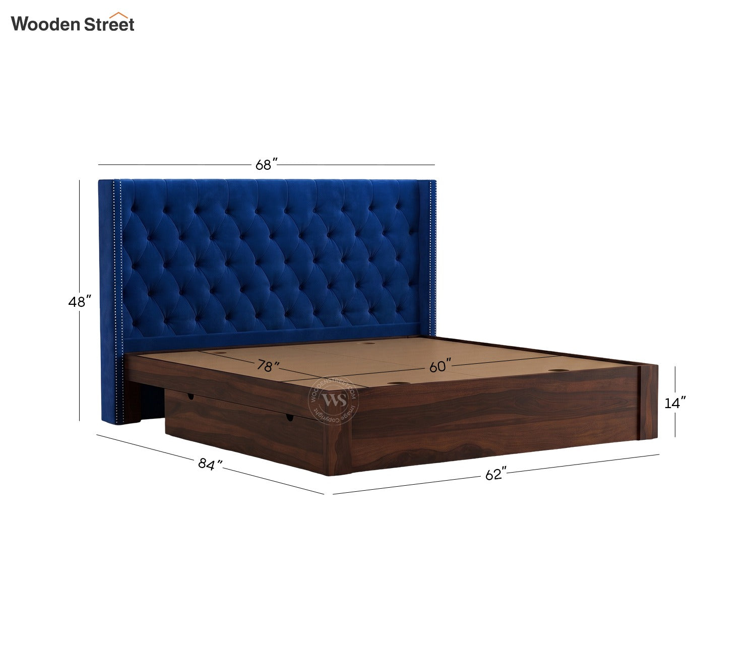 Drewno Sheesham Wood Upholstered Bed With Storage (Queen Size, Indigo Blue)