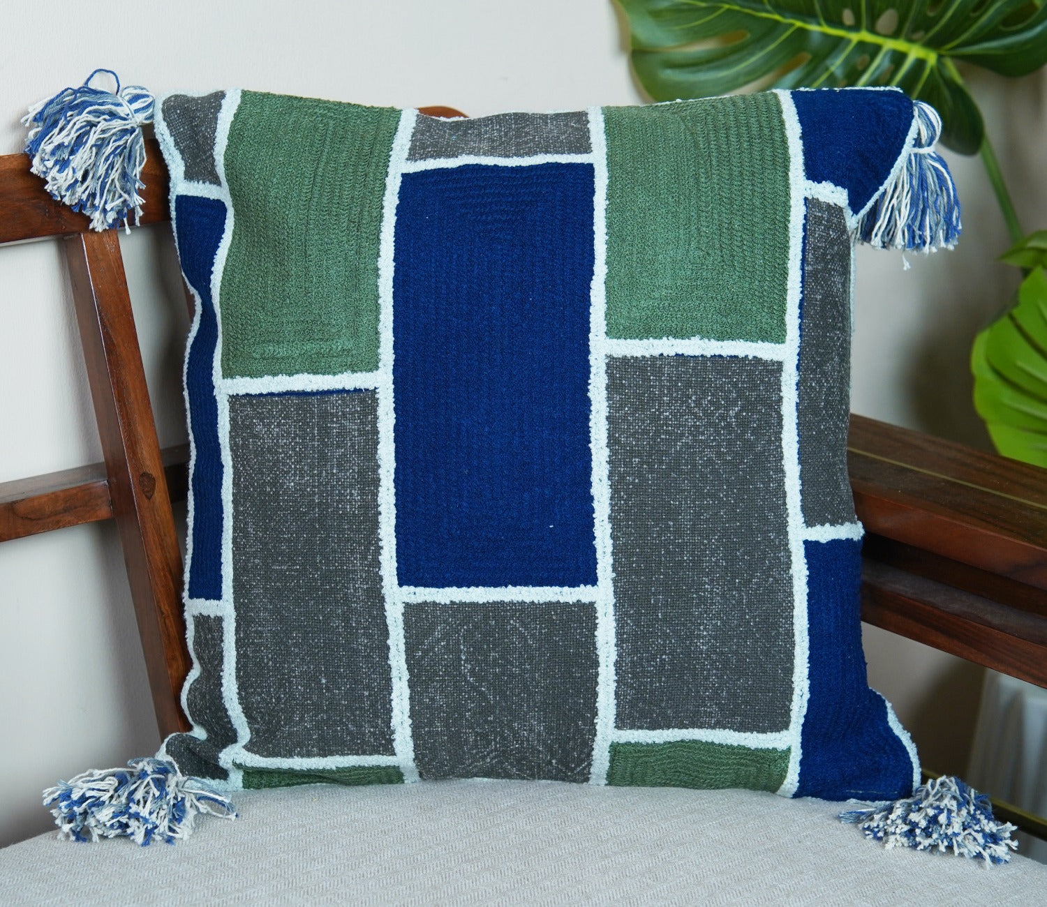 Geometric Tasseled Multi Color Cotton Cushion Cover -18 x 18
