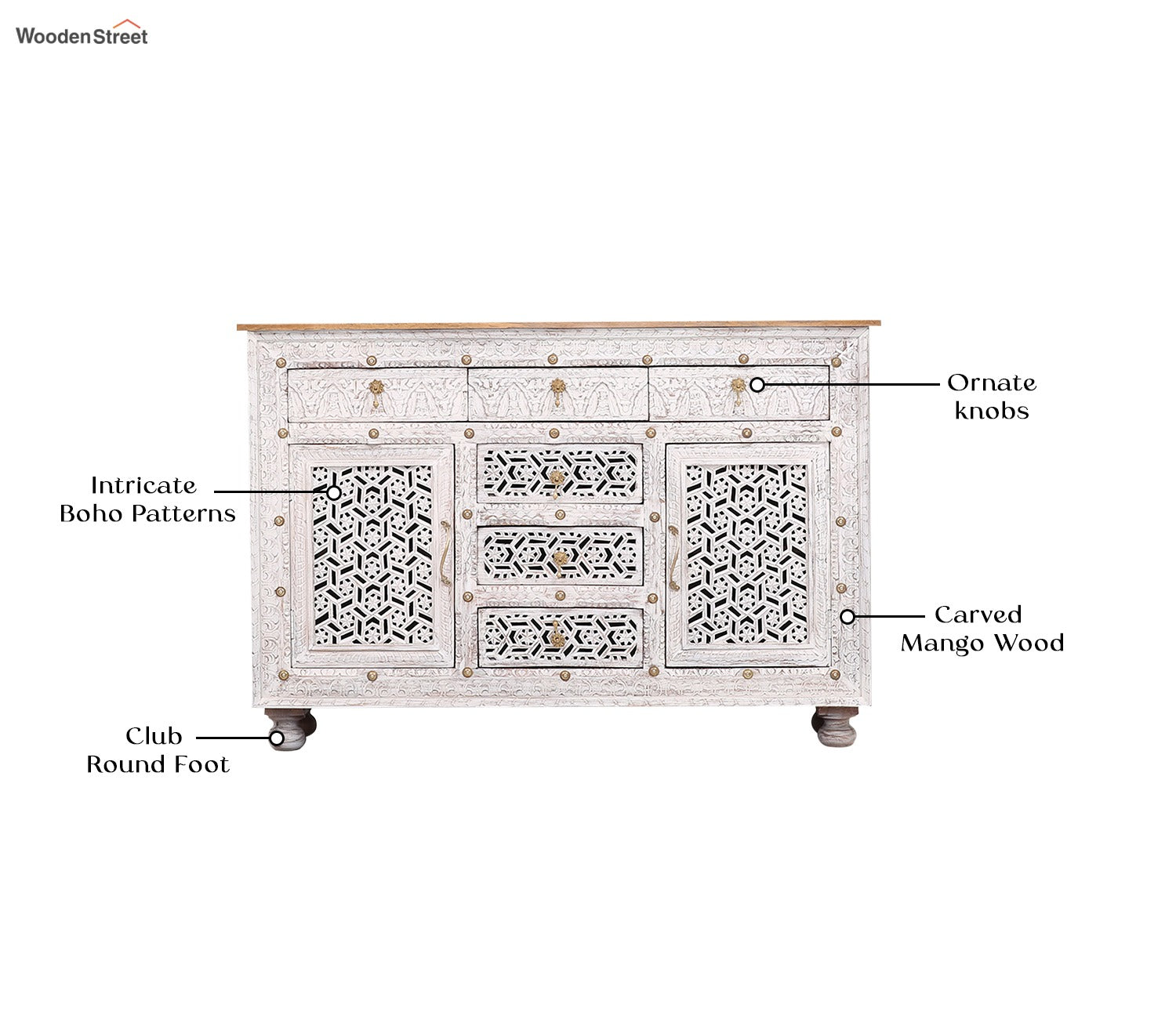 Edmond Mango Wood White Cabinet and Sideboards with 6 Drawers