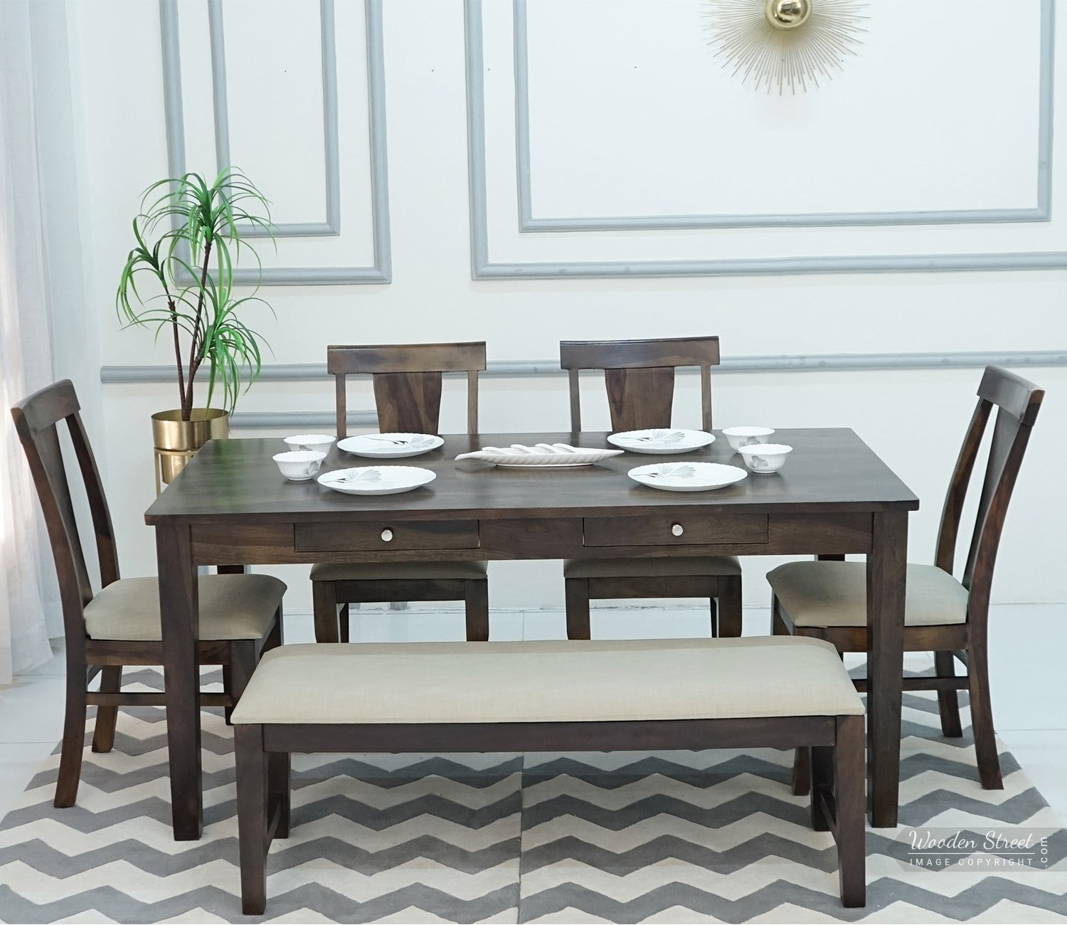 Mcbeth - Sofie Storage 6 Seater Dining Table Set With Mcbeth Bench (Walnut Finish)