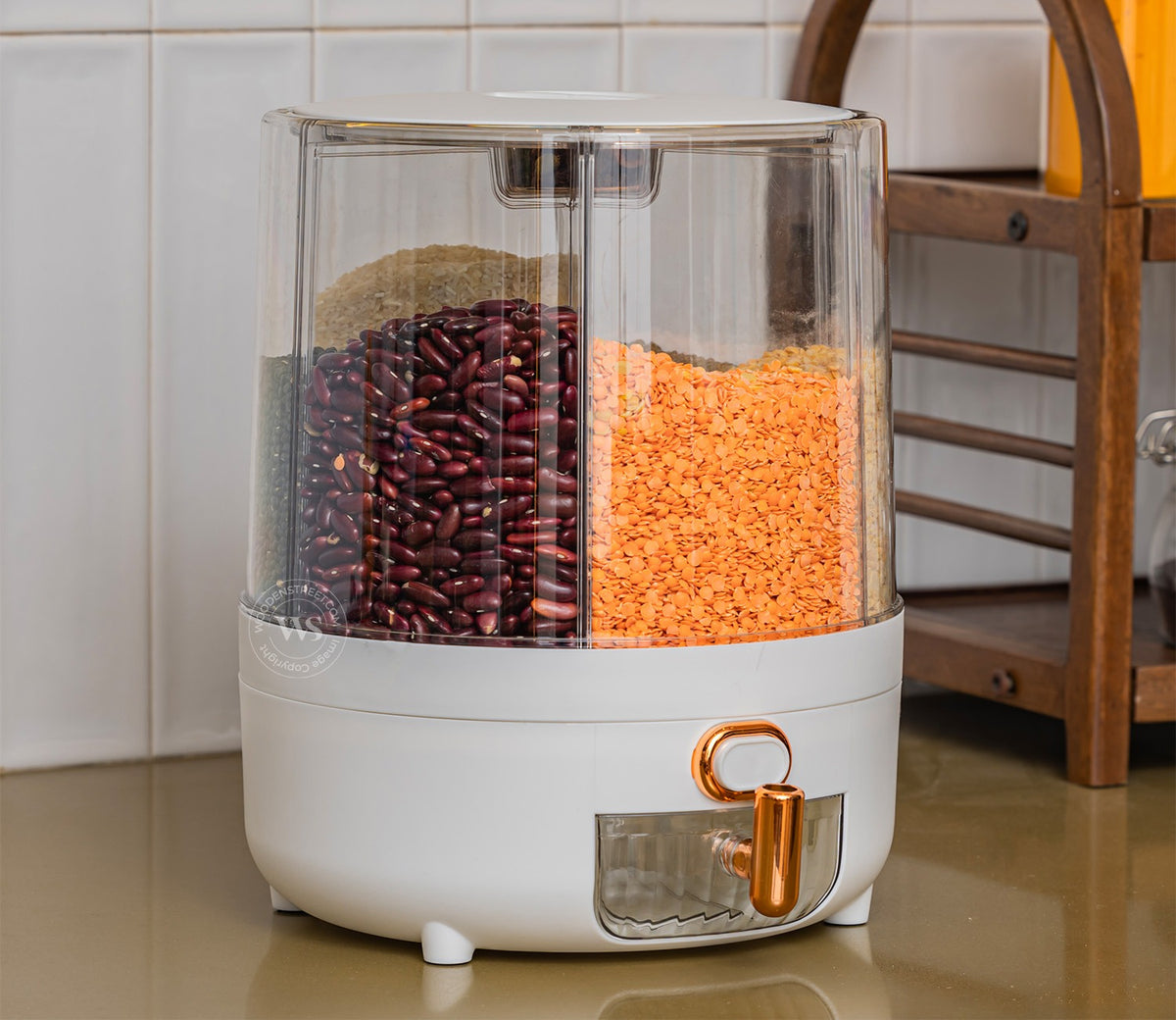 Rotarion 6- Compartment All-In-One Rotating Grain Dispenser (White, Large)