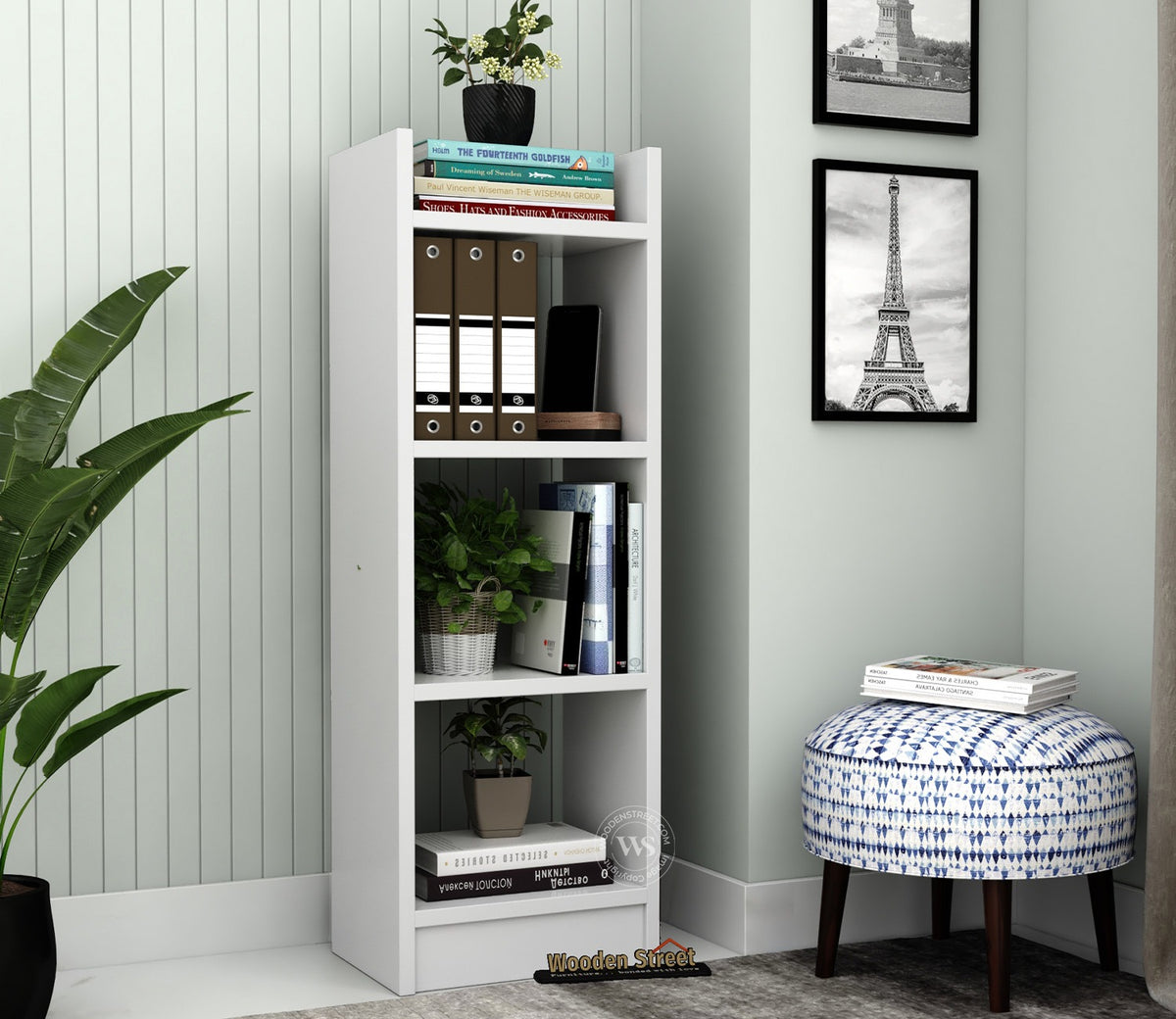 Fleming Engineered Wood Book Shelf With Open Storage (Frosty White Finish)