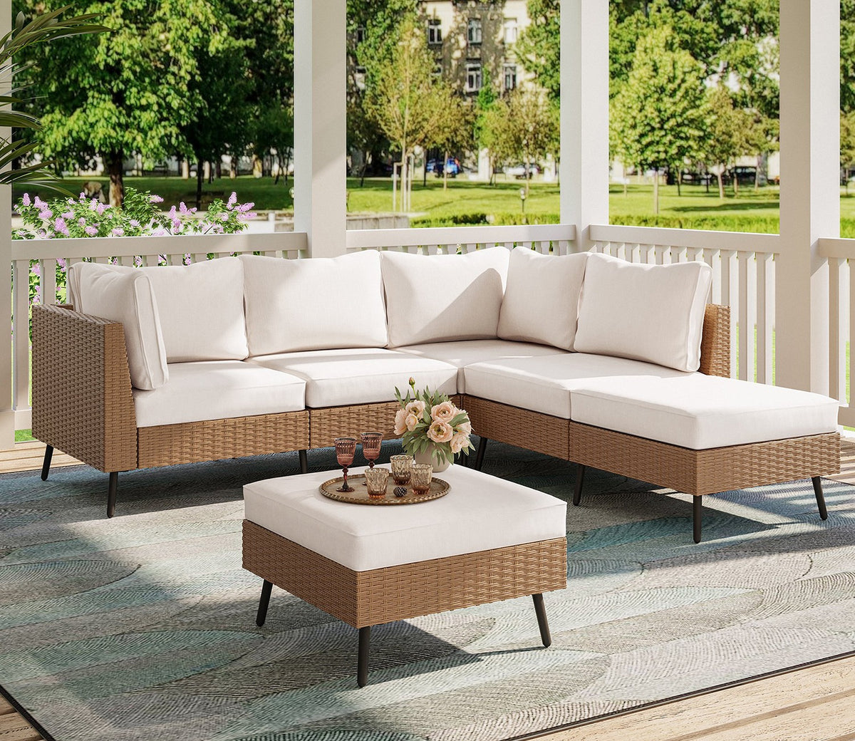 Beige Rattan And Wicker 5 Seater Patio Set With Table And Off White Cushions
