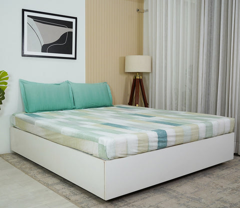 Grid Rectangular 180 TC Flat Pure Cotton King Size Bedsheet With 2 Pillow Covers (Blue)