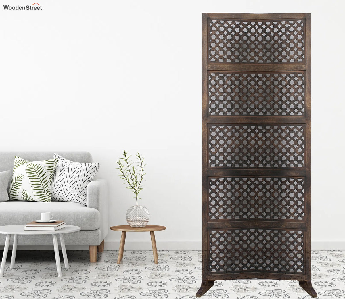Mateo Floral Hand Carved Wooden Room Divider Single Panel With Stand