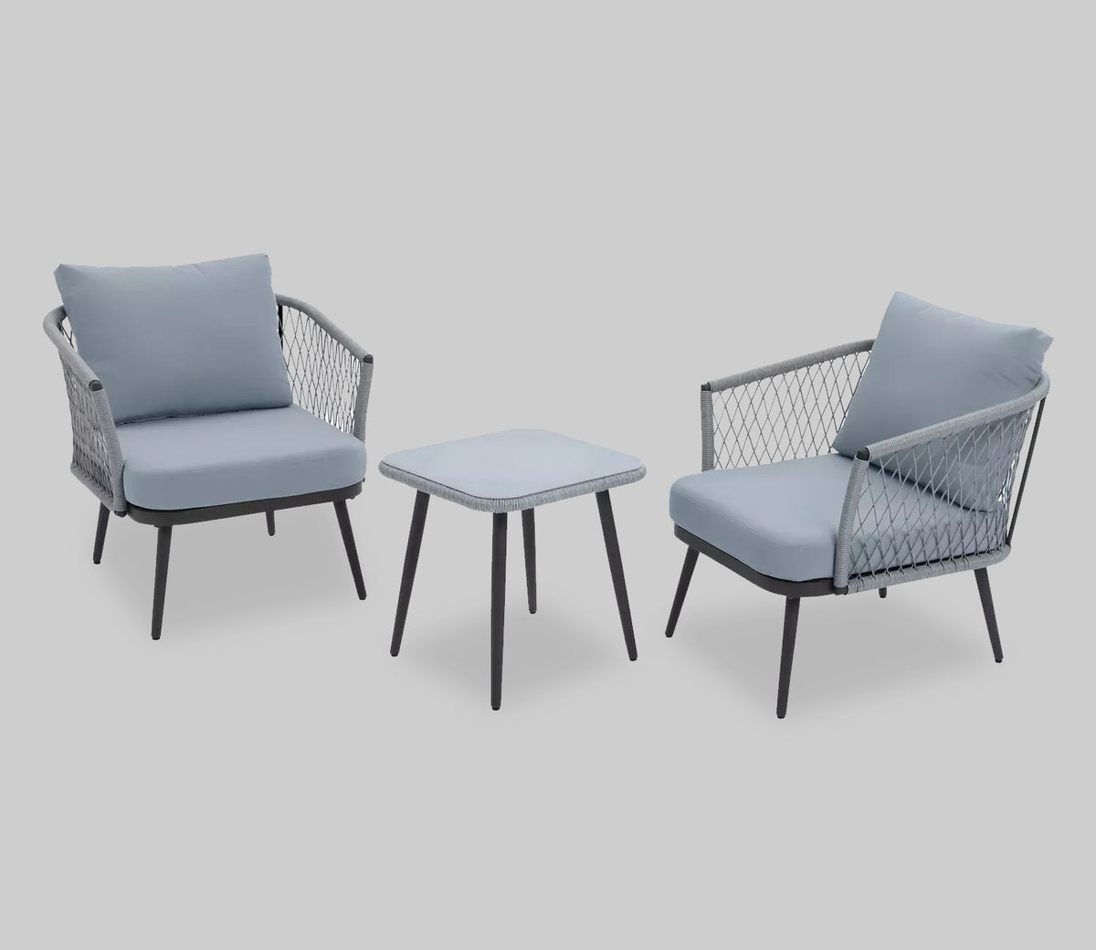 Grey Rope 2 Seater Chair Set With Table And Grey Cushions