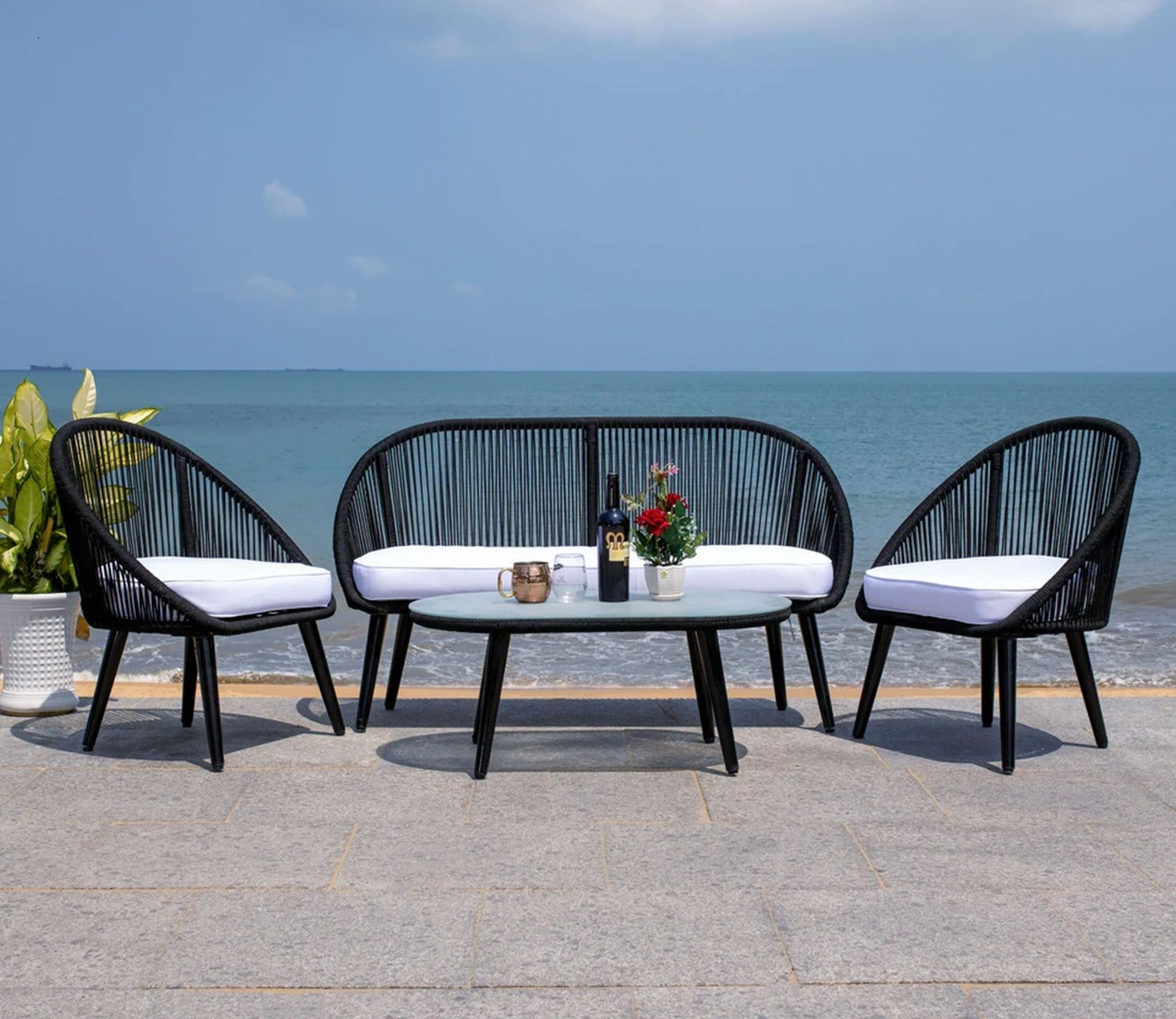 Black Rope 4 Seater Sofa With Table And White Cushions Patio Set