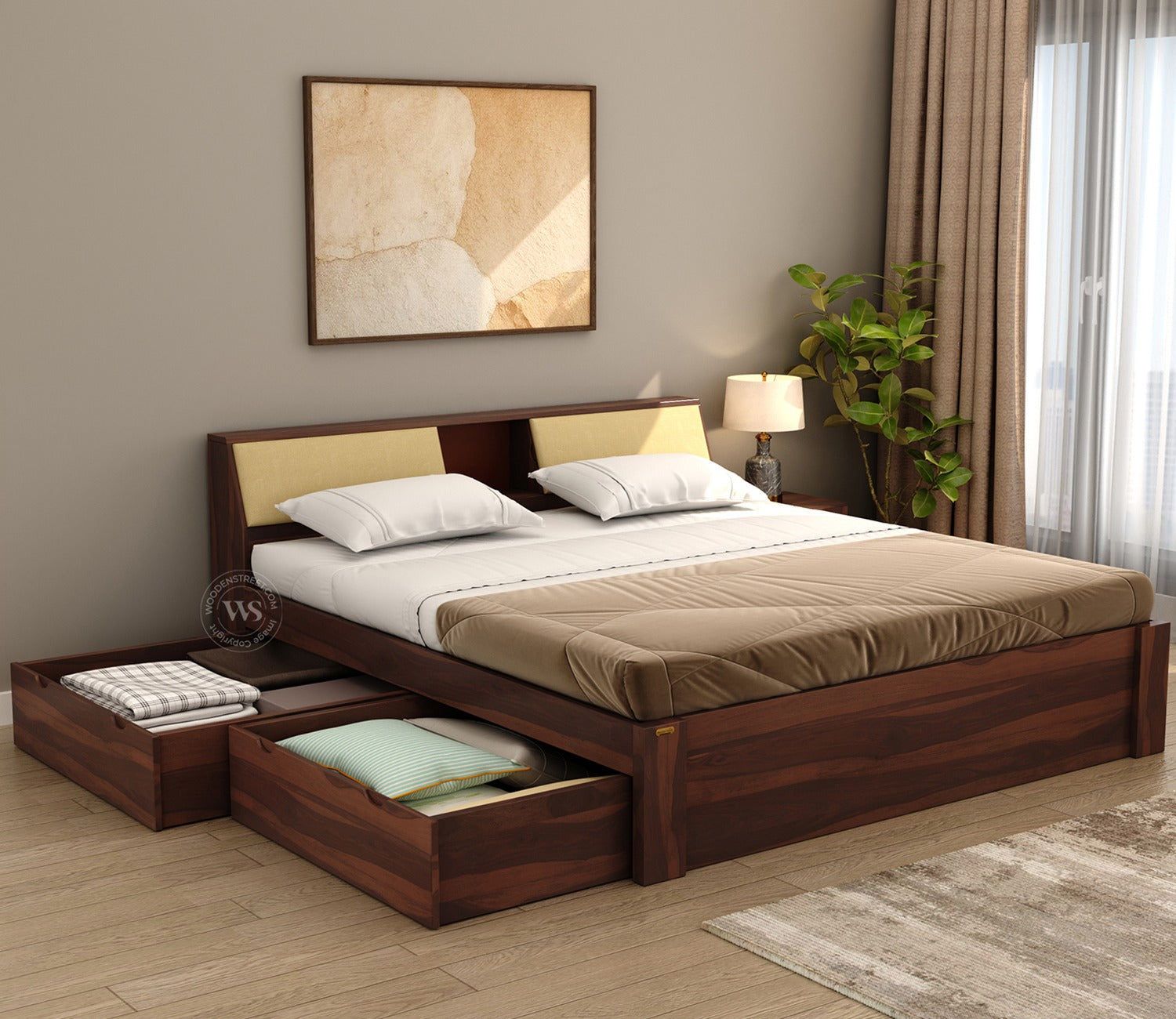 Walken Sheesham Wood Bed with Full Drawer Storage (King Size, Walnut Finish)