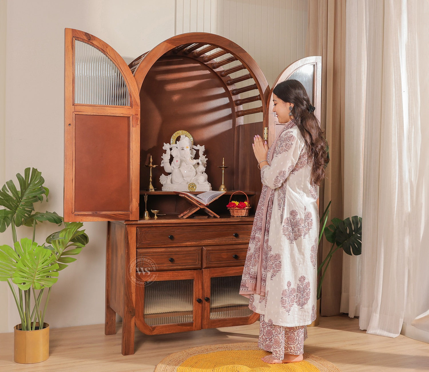 Anant Sheesham Wood Home Temple with Cane & Fluted Glass Doors and Spacious Drawers (Teak Finish)