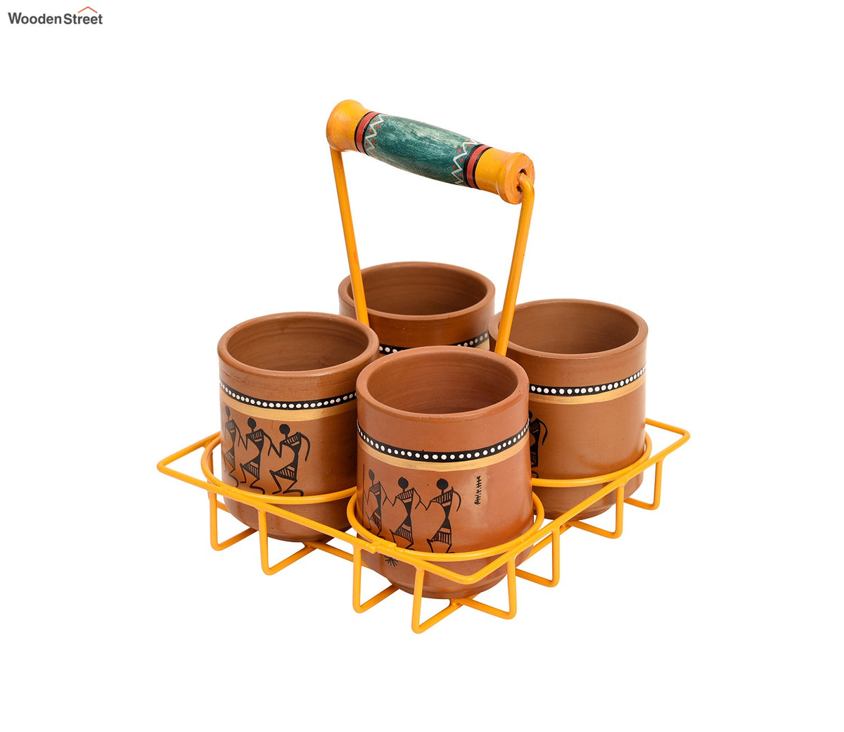 Ram Pyari Kullad Set in Yellow Handpainted Metal Stand - Set of 4