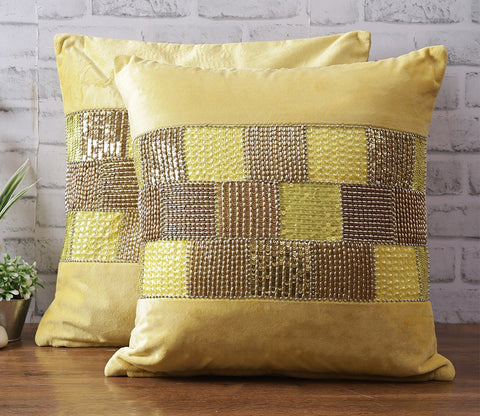 Velvet Beaded Cushion Covers - Set of 2 (Yellow, 18 x 18 inch)