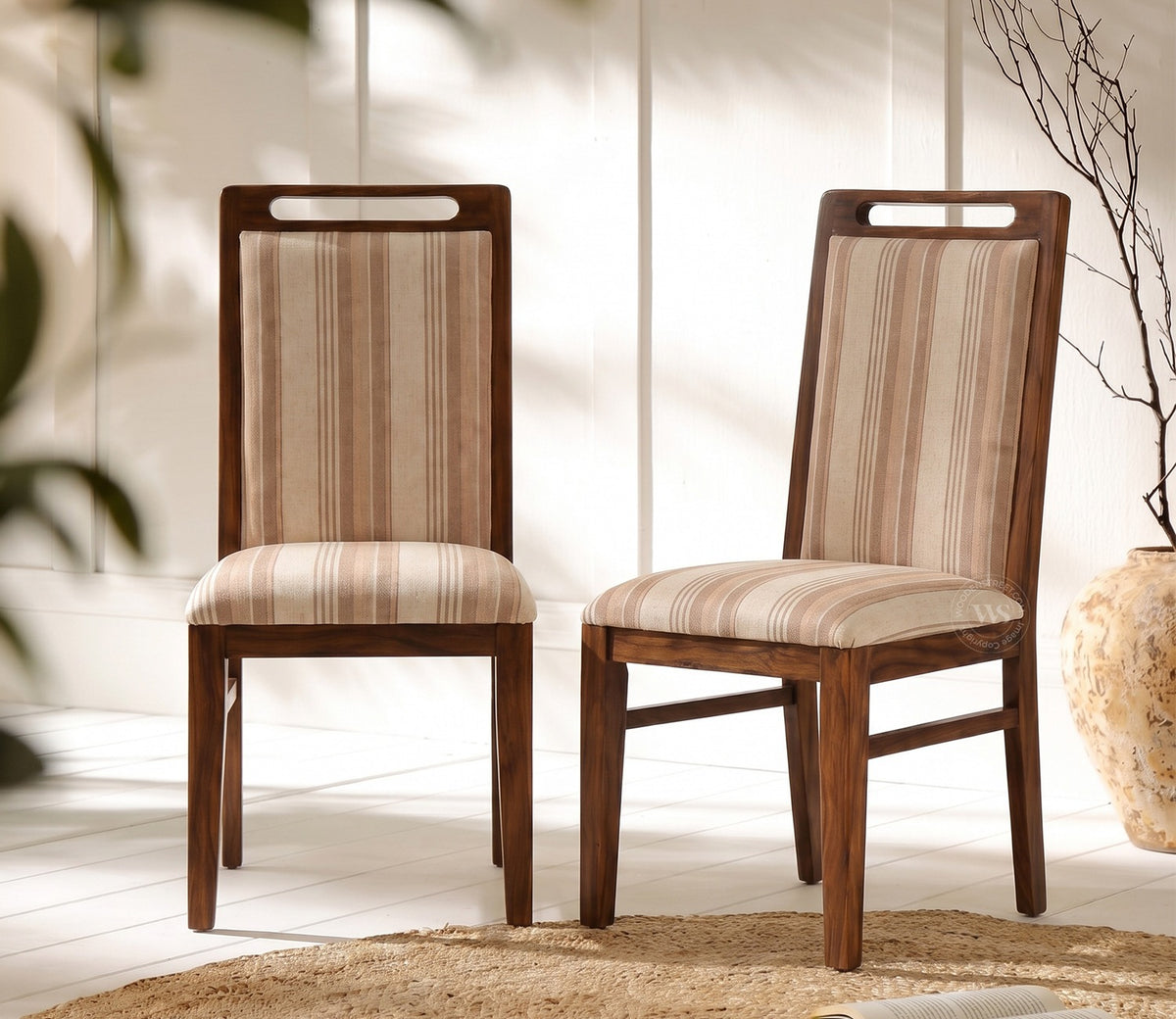 Hazel Sheesham Wood Premium Cotton Cushioned Dining Chair - Set of 2 (Cotton, Honey Cream Stripe)